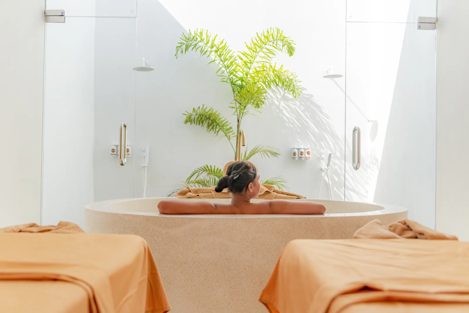 The couple’s terrazzo soaking bath at Beach House by Tonic